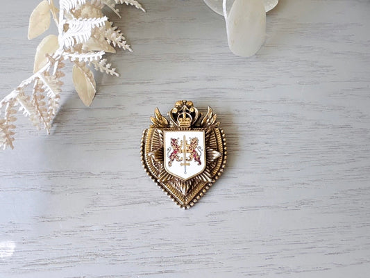 Vintage Shield Brooch, Incredible Heraldic Coat of Arms Brooch, Antique Gold Lion Brooch, Vintage Laurels Fleur De Lis Brooch Pin