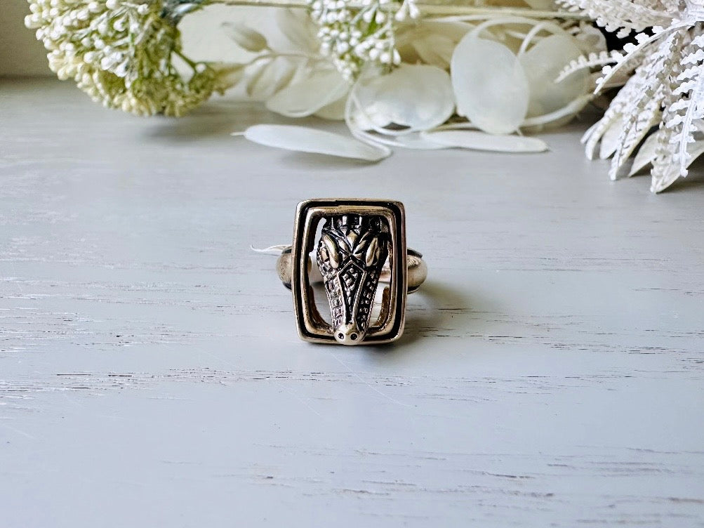 Vintage Alligator Ring, Large 14kt Gold Plated Ring, Rectangle Frame Dimensional Alligator Head Cocktail Ring, Fiercely Fab Costume Jewelry