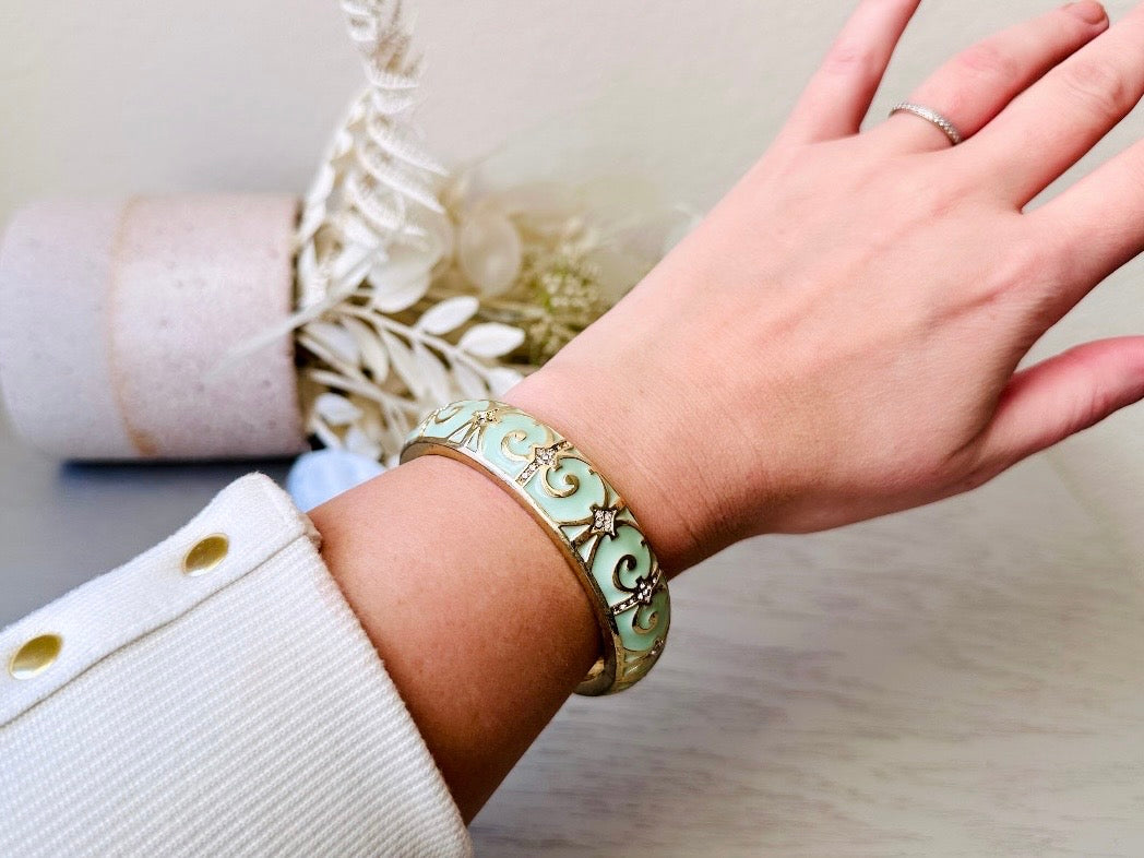 Mint Green Vintage Cuff, Gold Scroll Enamel with Diamond Rhinestone Accents, Hinged Cuff Bracelet, Classic Bracelet with Mint Green Enamel