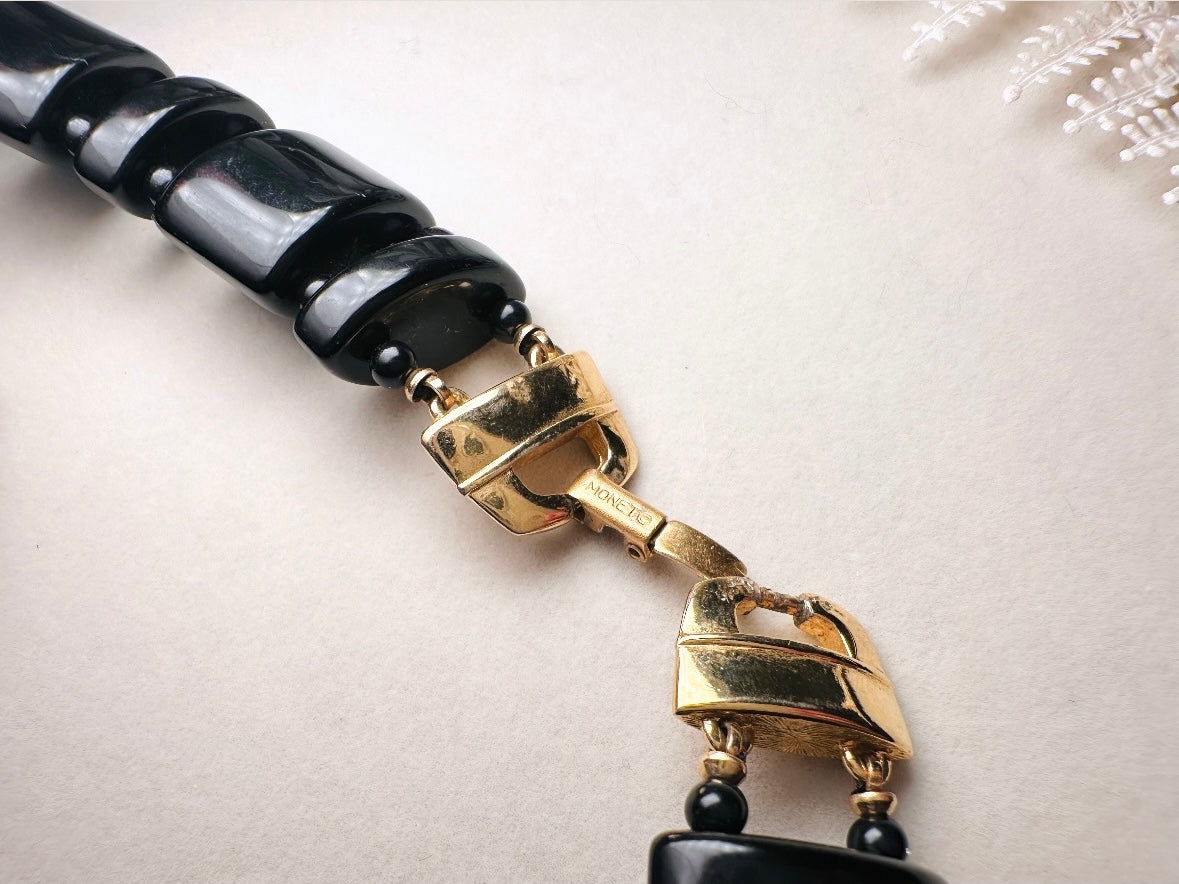 Vintage Black Monet Necklace, Runway Couture Jet Black Lucite Beaded Necklace w Stunning Gold Clasp, Rare Signed Designer Vintage Necklace