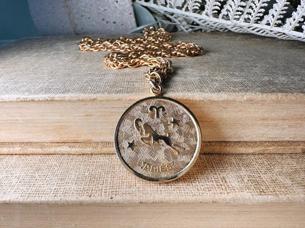 Vintage Aries Zodiac Necklace, Star Sign Astrology Necklace, Unique Birthday Necklace, 20" Long Gold Coin Aries Astrology Pendant Necklace