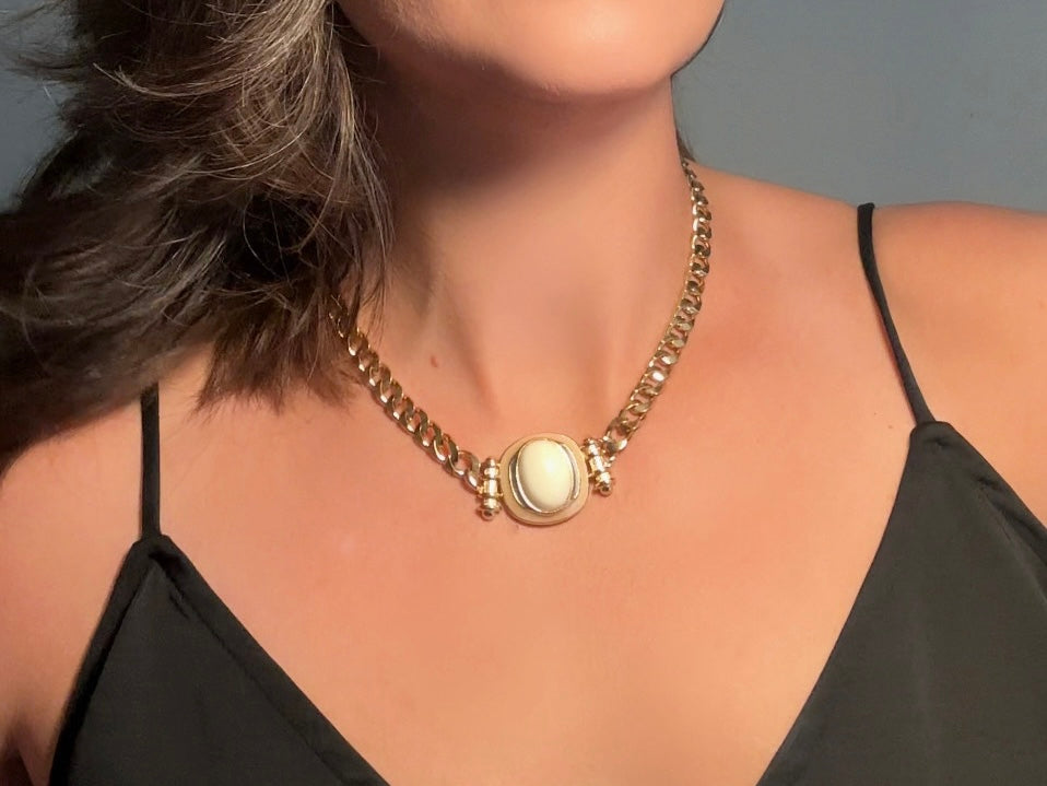 Vintage Trifari Chain Choker Necklace with Cream Cabochon Focal, 1970s Abstract Enamel and Chunky Gold Chain Geometric Necklace