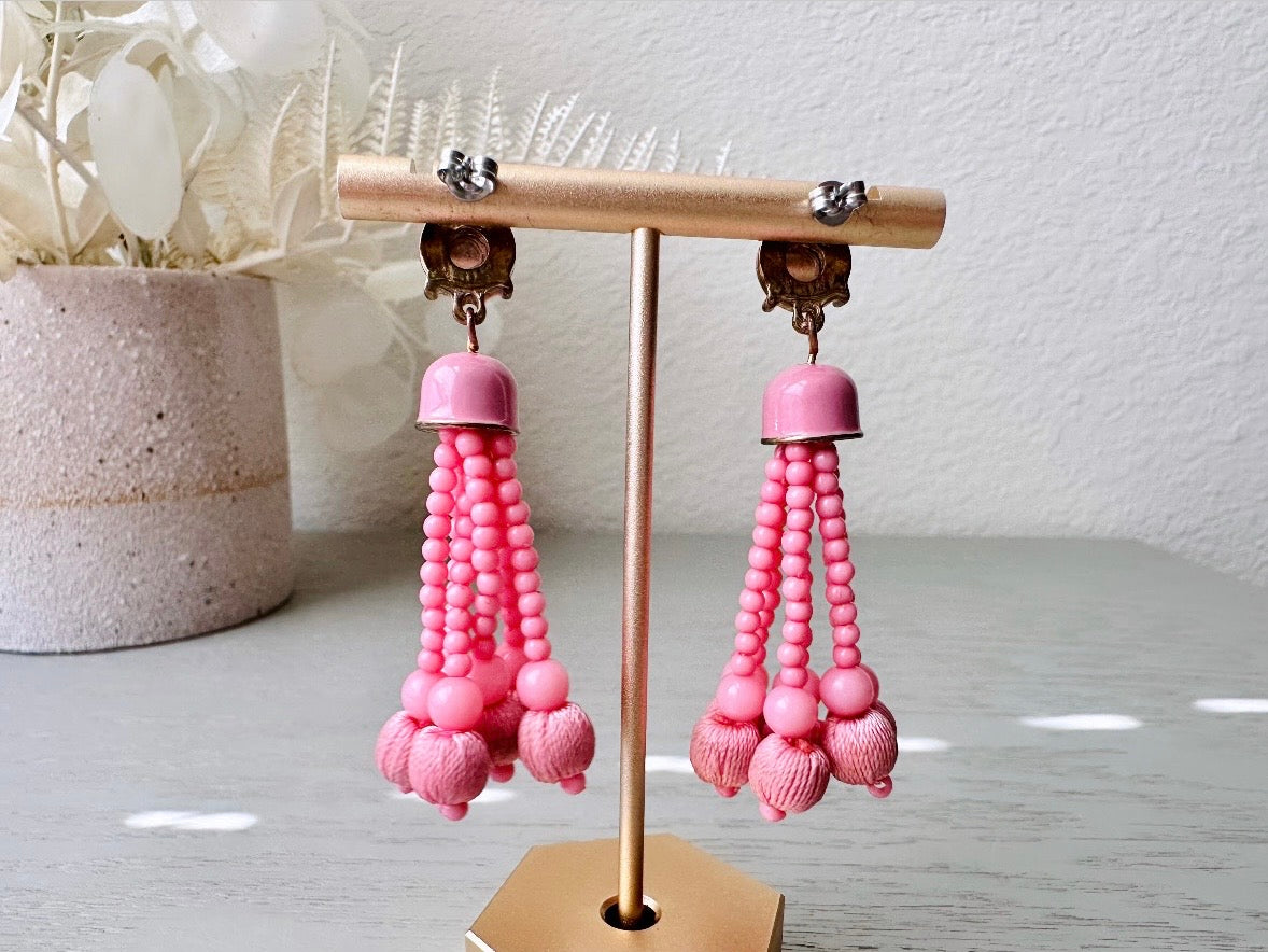 Pink Tassel Earrings, Bright Pink 1960s Earrings, Swinging 60s Vintage Earrings, Barbie Pink Mod Pop Beaded Fringe Pierced Fashion Earrings