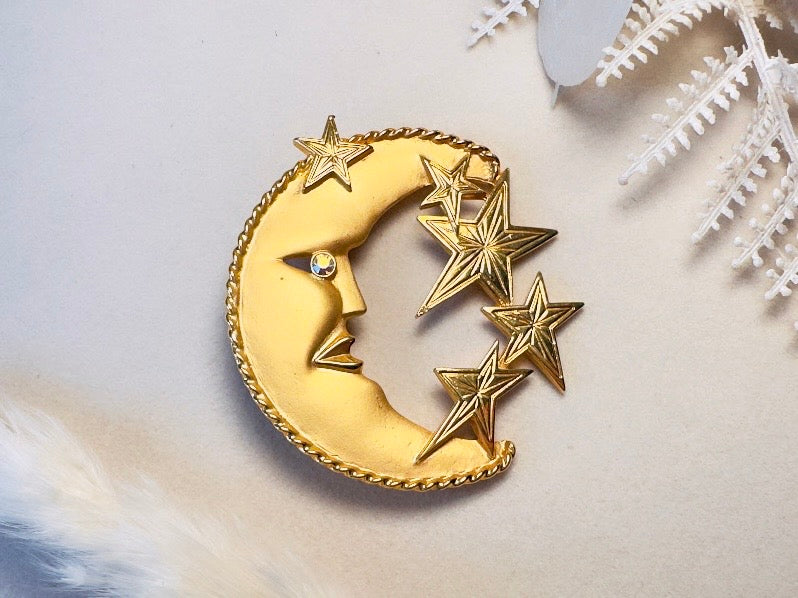 Moon and Stars Vintage Matte Gold JJ Brooch, Man in the Moon Oversized Celestial Jewelry
