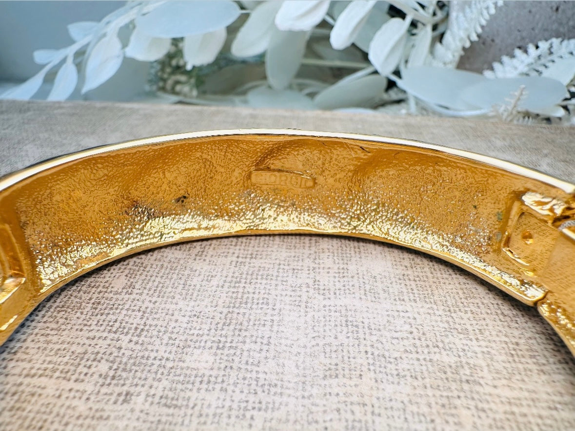 Vintage Giorgio Black Panther Bracelet, Black Enamel Pave Rhinestone and Gold Signed 80s Designer Cuff