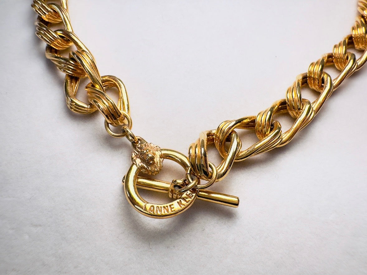 Anne Klein Gold Chain Necklace, Vintage Toggle Clasp Collar Necklace with Lion