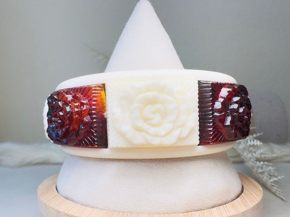 Vintage Bangle Bracelet, 1970s Carved Rose Lucite Bracelet in Cream and Amber