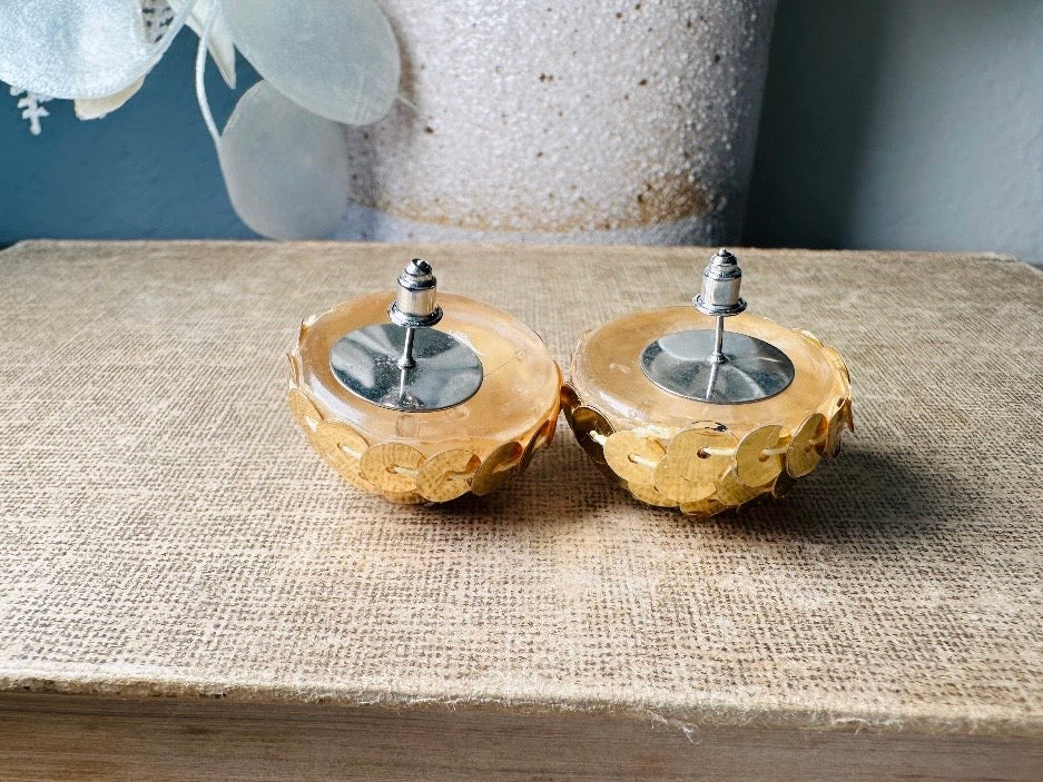 Gold Sequin Earrings, 1970s Party Earrings, Pierced Post Earrings, Big Gold Dome Earrings Covered in Sequins, Authentic Disco Earrings