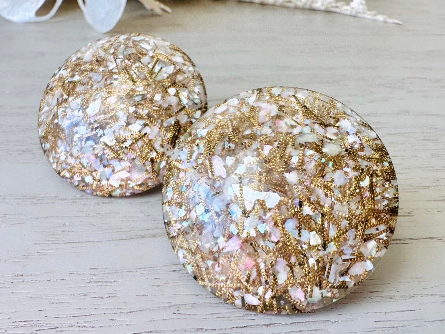 Gold Confetti Earrings, Vintage Lucite Clip On Earrings