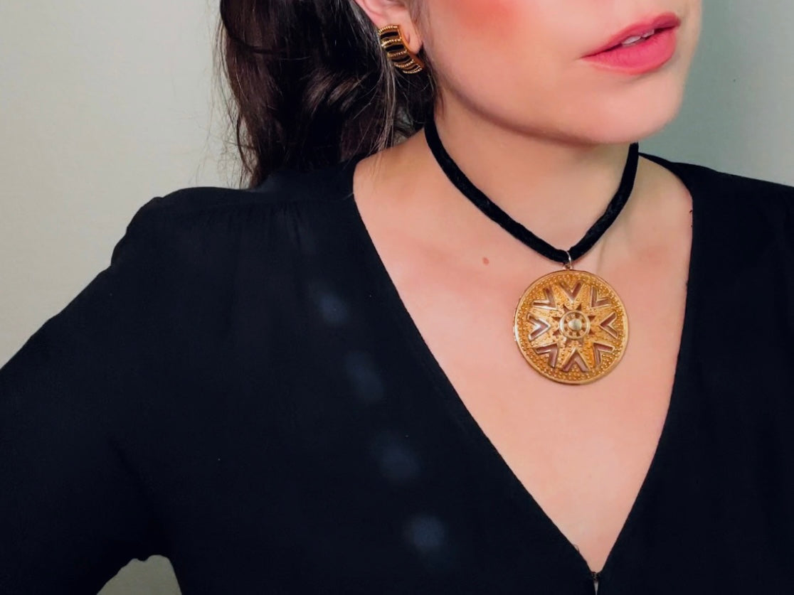 Black Velvet Choker Necklace with Gold Sunburst Pendant, Dramatic 1960's Choker with Lisner Huge Gold Medallion, Soft Velvet Rope Necklace