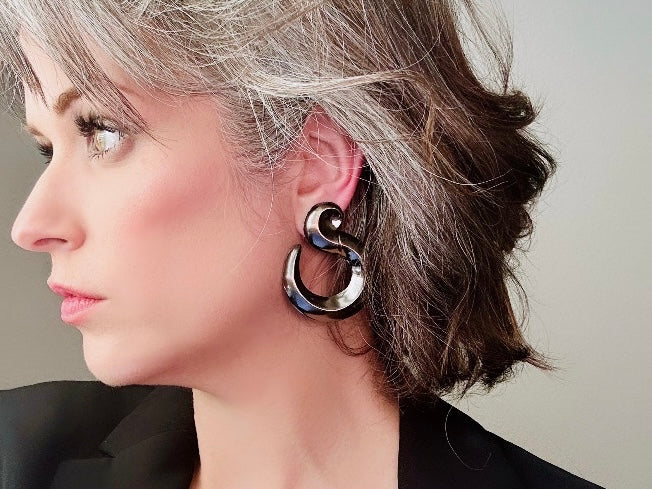 Oiled Bronze Earrings, Vintage 1980s Earrings, 80s Unique Retro Earrings with Interesting Shape, Big Statement Earrings