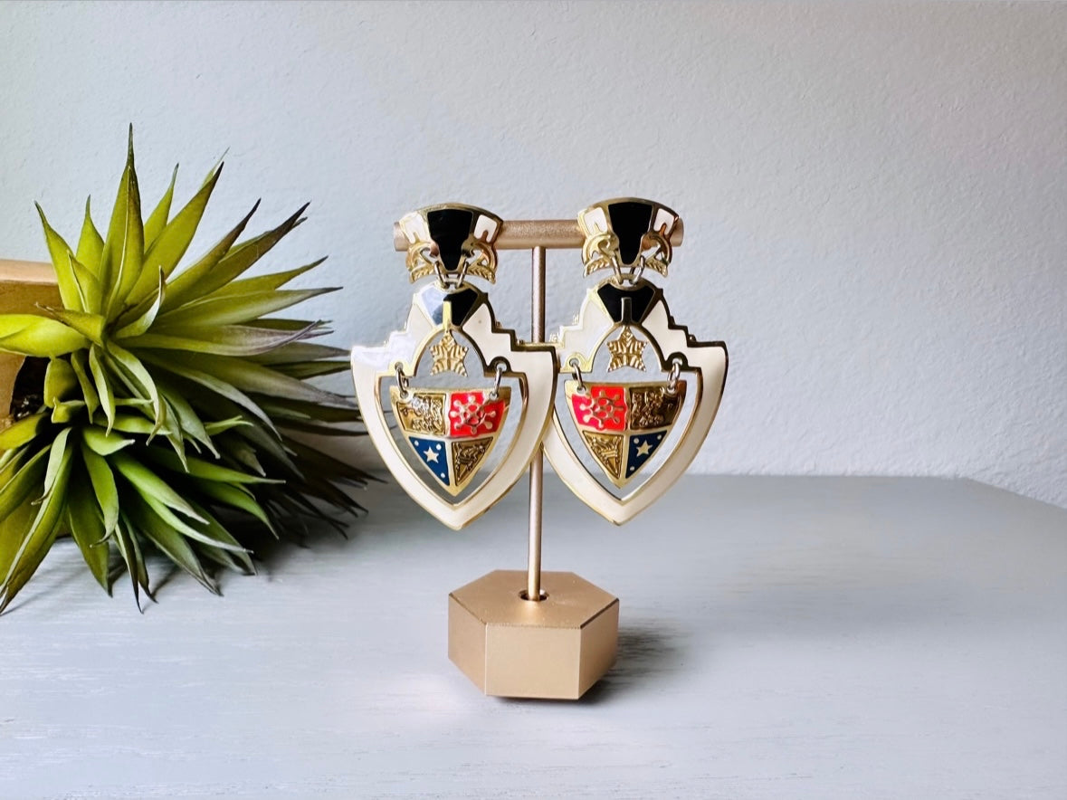 Huge Vintage Shield Berebi Earrings, 1980s Runway Chic Earrings, Dramatic Maximalist Earrings, Pierced Enamel Coat of Arms Earrings