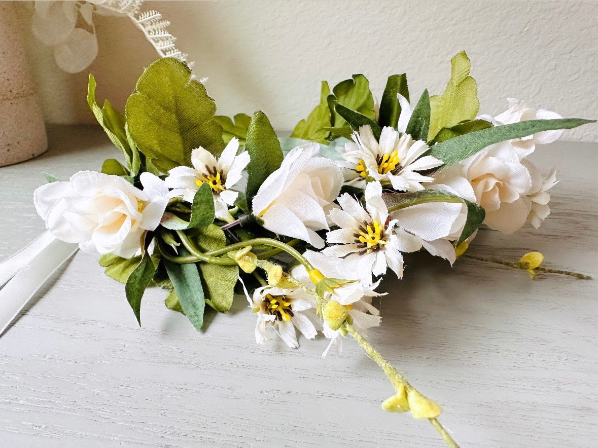 Ivory Flower Crown, Handmade Woodland Nymph Bridal Floral Hair Wreath, Cream Forest Queen Headpiece