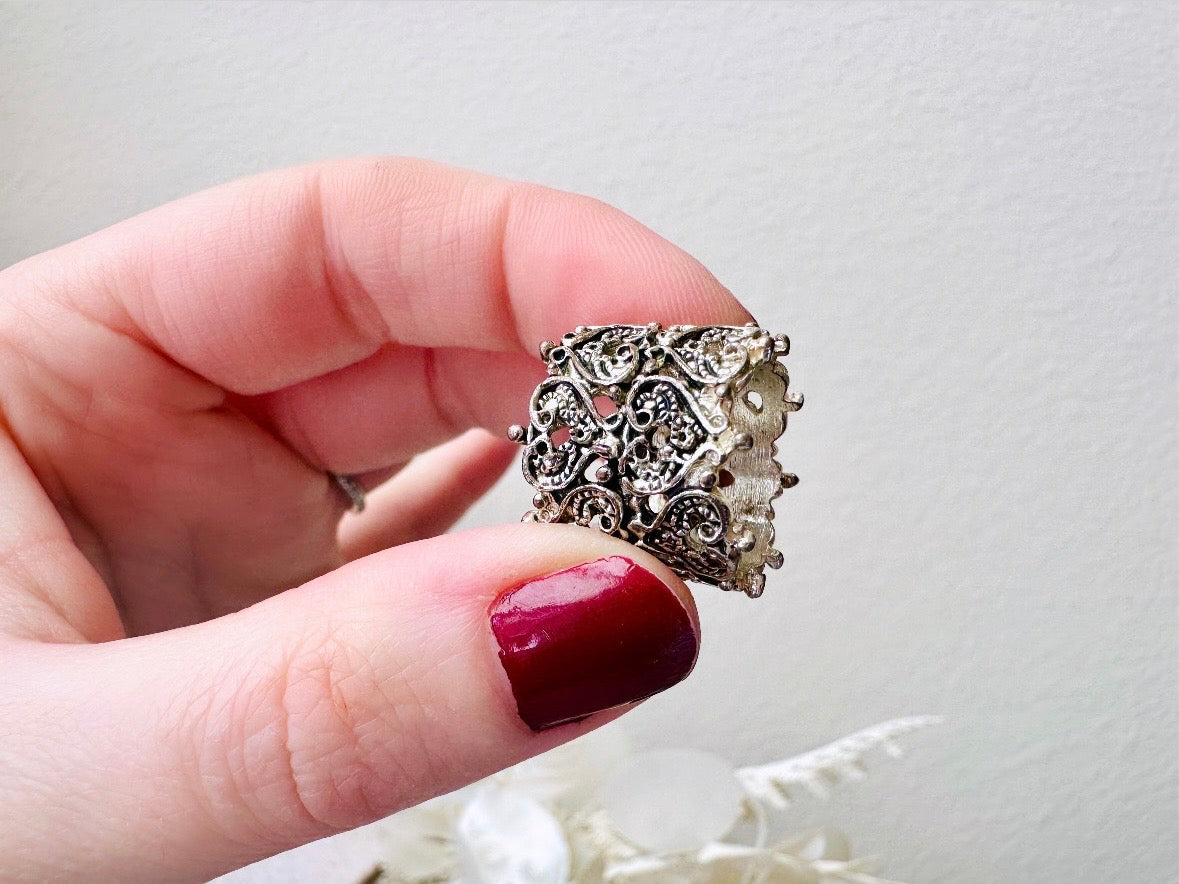 Silver Filigree Ring, Antique Silver Lace Ring with Hearts + Cut Outs, Vintage Statement Ring, Thick Band Costume Cocktail Ring, Size 6