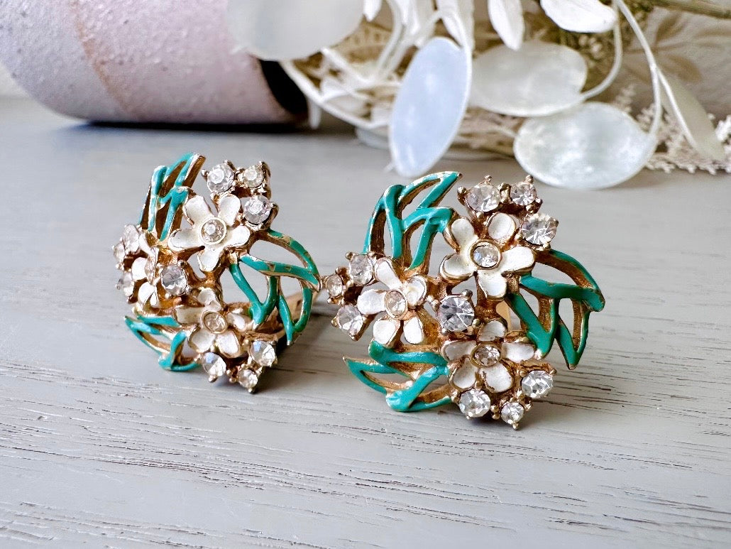 Vintage Enamel Flower Earrings, 1940s Charel Gold Floral Earrings w Green & Cream Painted  Flower Clusters, Clip On Designer Signed Earrings