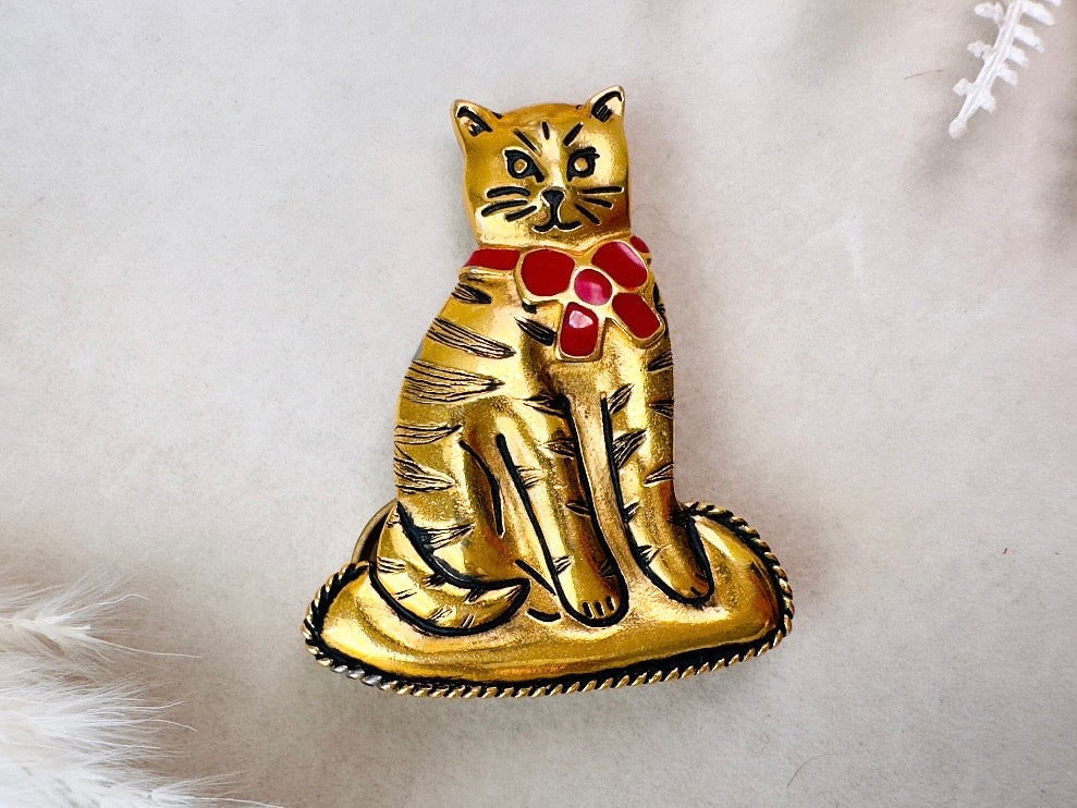 Vintage Cat Brooch, Anne Klein Gold Cat Pin with Red Ribbon Bow, 1980s Vintage Cat Pin, Gold Cat Kitty Broach, Big Statement Animal Brooch