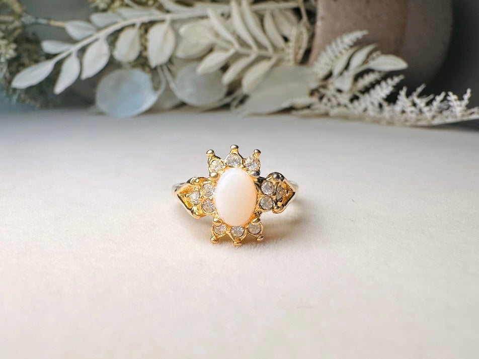 Vintage Cocktail Ring, Faux Opal and Diamond Rhinestone 1960's Costume Fashion Ring, Gold Toned Diamond Hollywood Regency Ring Size 6.5