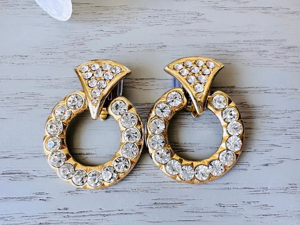 Rhinestone Pave 80s Door Knocker Earrings, Bold Glam Vintage Gold Hoop Clip On Earrings, Elegant 1980s Retro Fashion Earrings