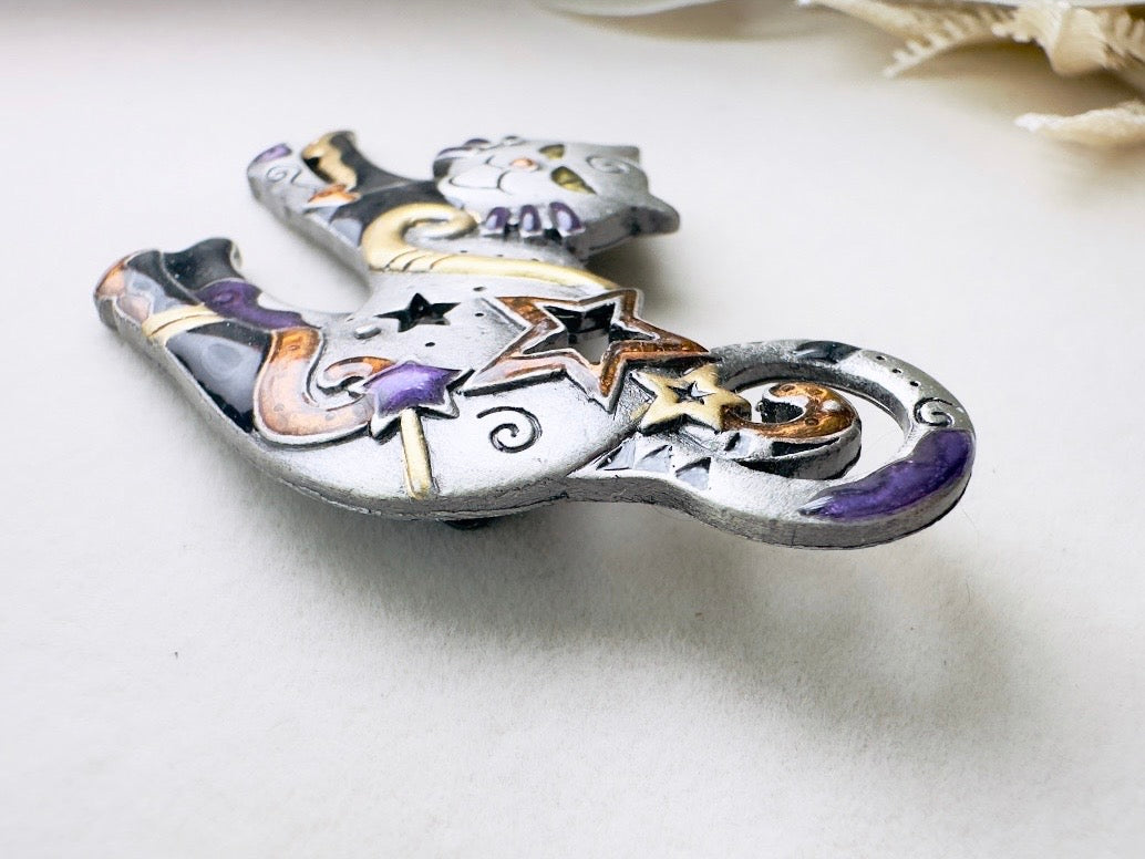 Vintage Cat Brooch, Celestial Pewter Brooch with Enamel Star Accents