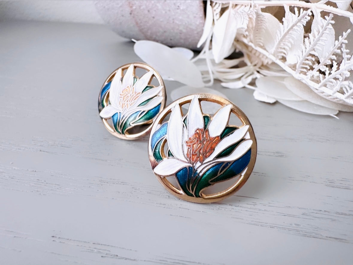White Lily Clip On Earrings, Unique Enamel Cut Out Earrings, Gorgeous Vintage Lily Earrings in Gold, Green and Blue Cloisonné Earrings
