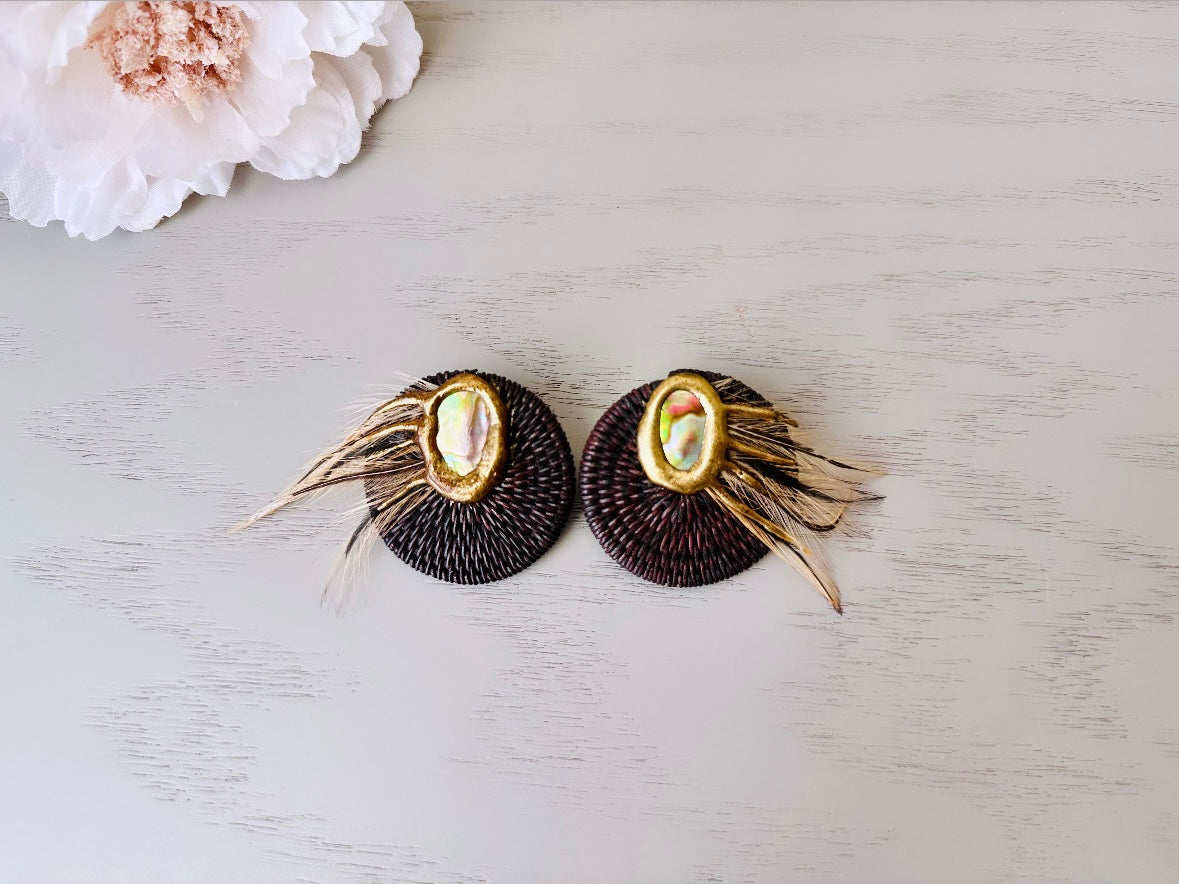 Large 80's Feather Earrings, Vintage Funky Woven Disc Earrings with Iridescent Oval and Gold Paint + Feathers Abstract 1980s Costume Jewelry