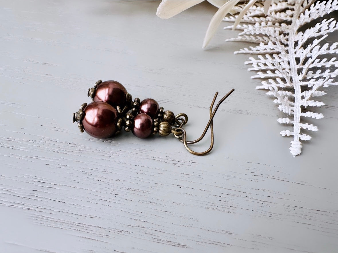 Chocolate Brown Pearl Earrings, Beaded Drop Earrings with Antique Bronze Floral Accents. Simple Vintage Inspired Handmade Earring Gifts