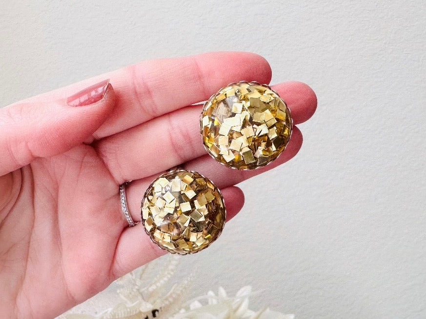 Gold Confetti Earrings, Sparkling Gold Foil Party Earrings, Fun Vintage Confetti Earrings, Clip On Gold Foil Glitter Earrings