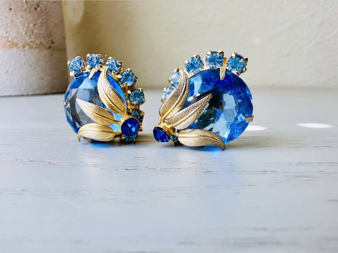 Sapphire Blue Earrings, Gorgeous Sparkling Jewel Vintage Gold Earrings  Rhinestone Clip On Earrings, Elegant 1960s Something Blue for Bride