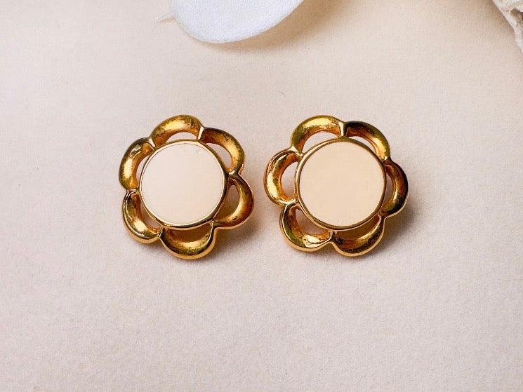Gold Flower Earrings with Cream Enamel Center, Vintage Floral Post Earrings Signed JS