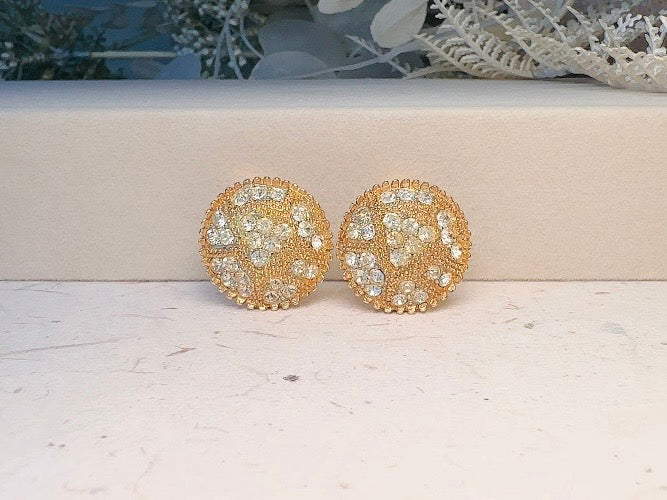 Vintage Crystal Button Clip on Earrings, Designer Signed Kramer Art Deco Earrings, Pave Set Rhinestone Gold Earrings