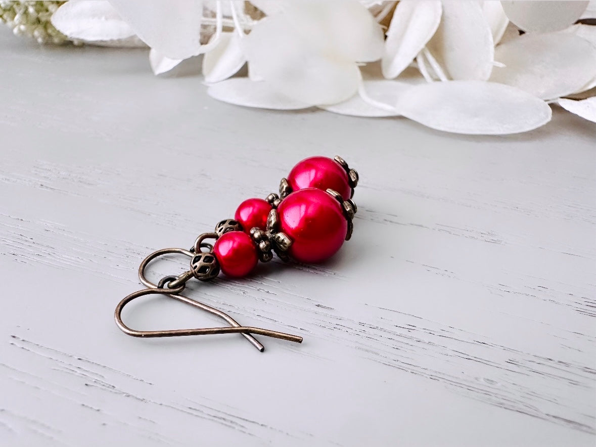 Red Pearl Earrings, Holiday Red Beaded Drop Earrings with Antique Bronze Floral Accents. Simple Vintage Inspired Handmade Earring Gifts