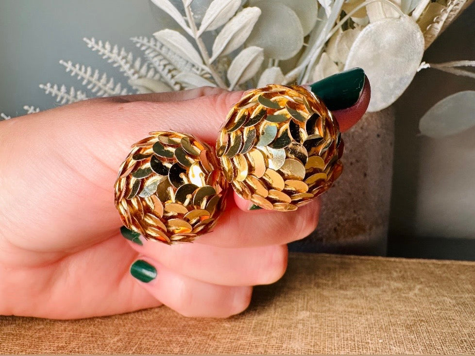 Gold Sequin Earrings, 1970s Party Earrings, Pierced Post Earrings, Big Gold Dome Earrings Covered in Sequins, Authentic Disco Earrings