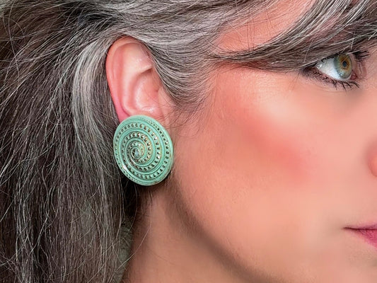 Vintage Mint Glass Earrings, Incredibly Unique Gold Spiral Disc Clip Ons, Seafoam Green Oversized Art Deco Vintage Statement Earrings