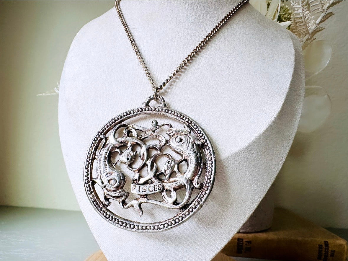 Vintage Pisces Zodiac Necklace, Star Sign Astrology Necklace, Unique Birthday Necklace, 24" Long Silver Pendant Necklace Vintage Astrology