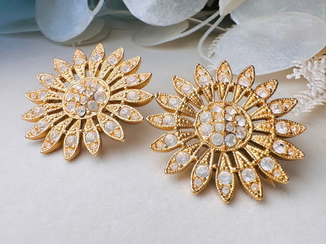 Vintage Rhinestone Flower Earrings, Diamond Crystal Sunflower Vintage Earrings, Pierced Statement Oversized Sparkling Gold Flower Earrings