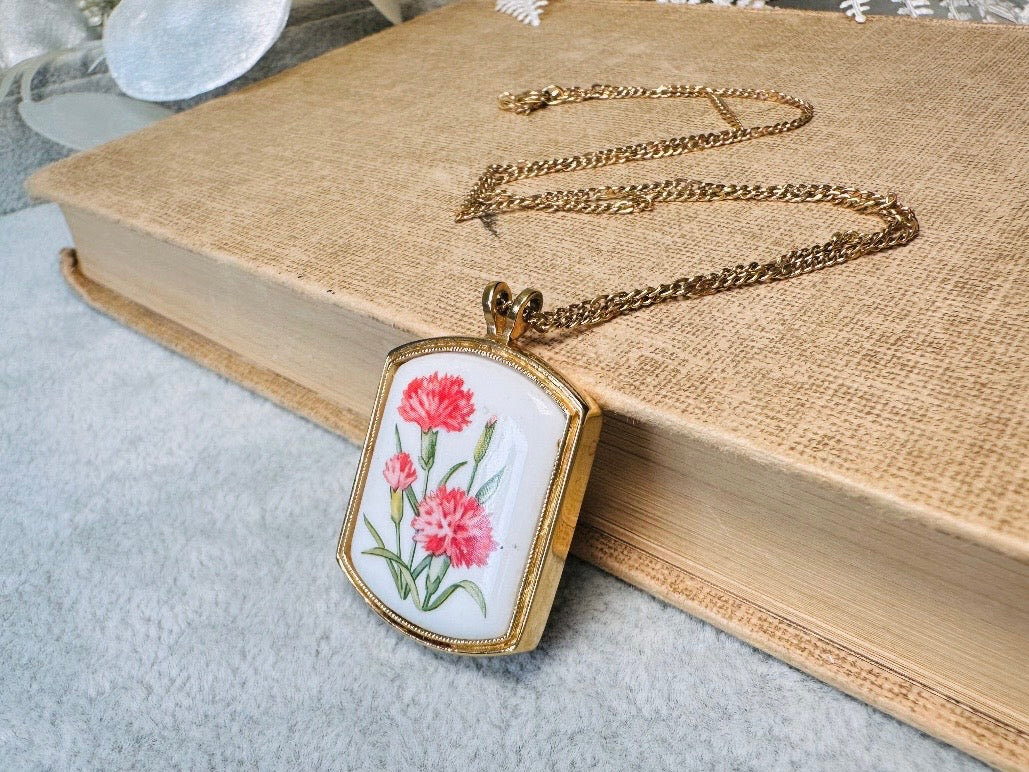 January Birthflower Necklace, Pink Carnation January Birthday Necklace, 1980 Floral Heritage Porcelain & Gold Botanical Flower Pendant