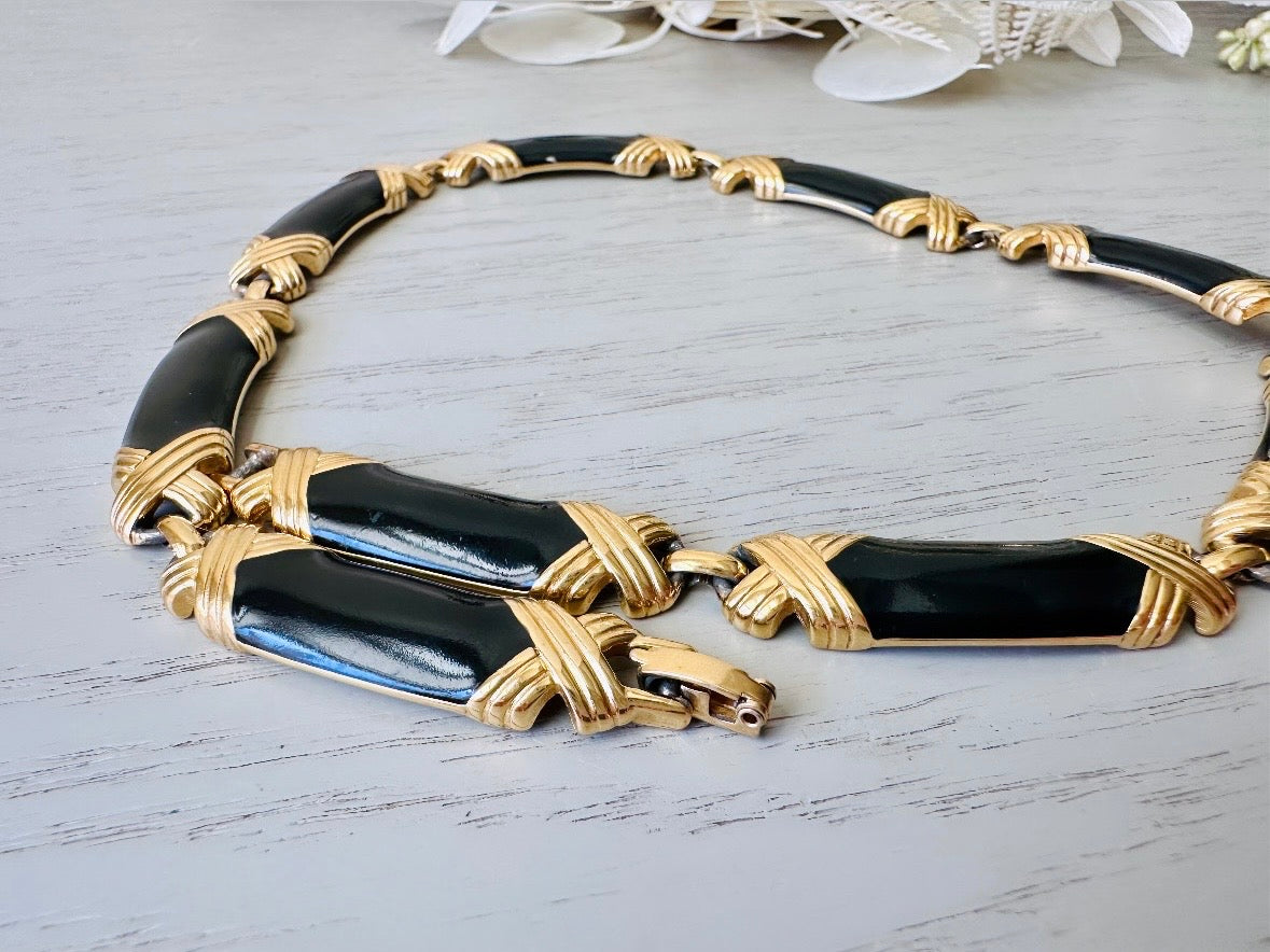 Vintage Monet Necklace Black Enamel and Gold X Choker Necklace, Runway Couture Signed Designer Vintage 1980s Mogul Necklace