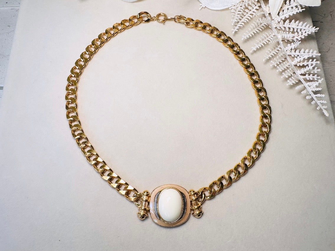 Vintage Trifari Chain Choker Necklace with Cream Cabochon Focal, 1970s Abstract Enamel and Chunky Gold Chain Geometric Necklace