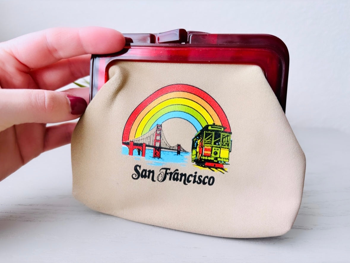 San Francisco Rainbow Clutch Purse, Cute 1970s Vintage Coin Purse, Tan w Lucite Handles, Vintage California Souvenier Shop, Friendship Pride