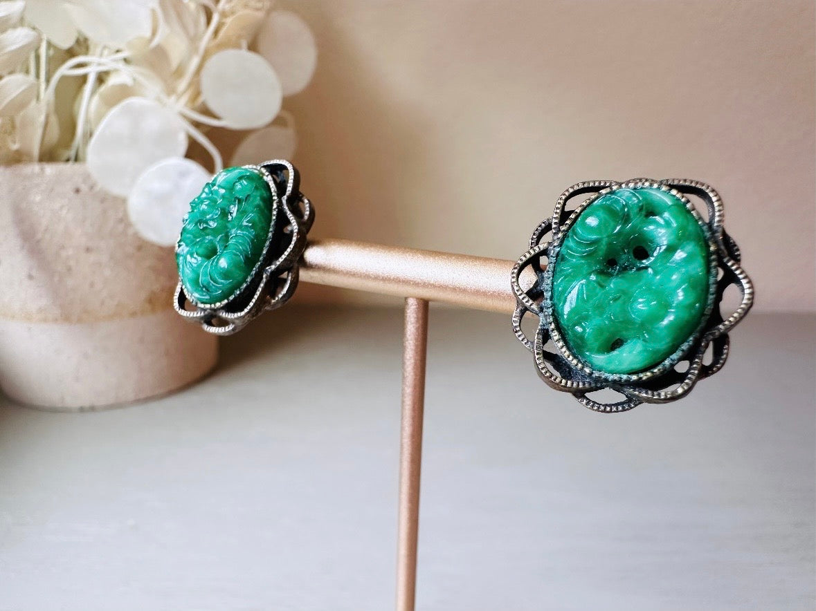 Green Vintage Earrings, Faux Carved Jade 1960s Clip On Earrings, Green Cabochon Earrings in Antique Bronze Filigree Cameo Earrings