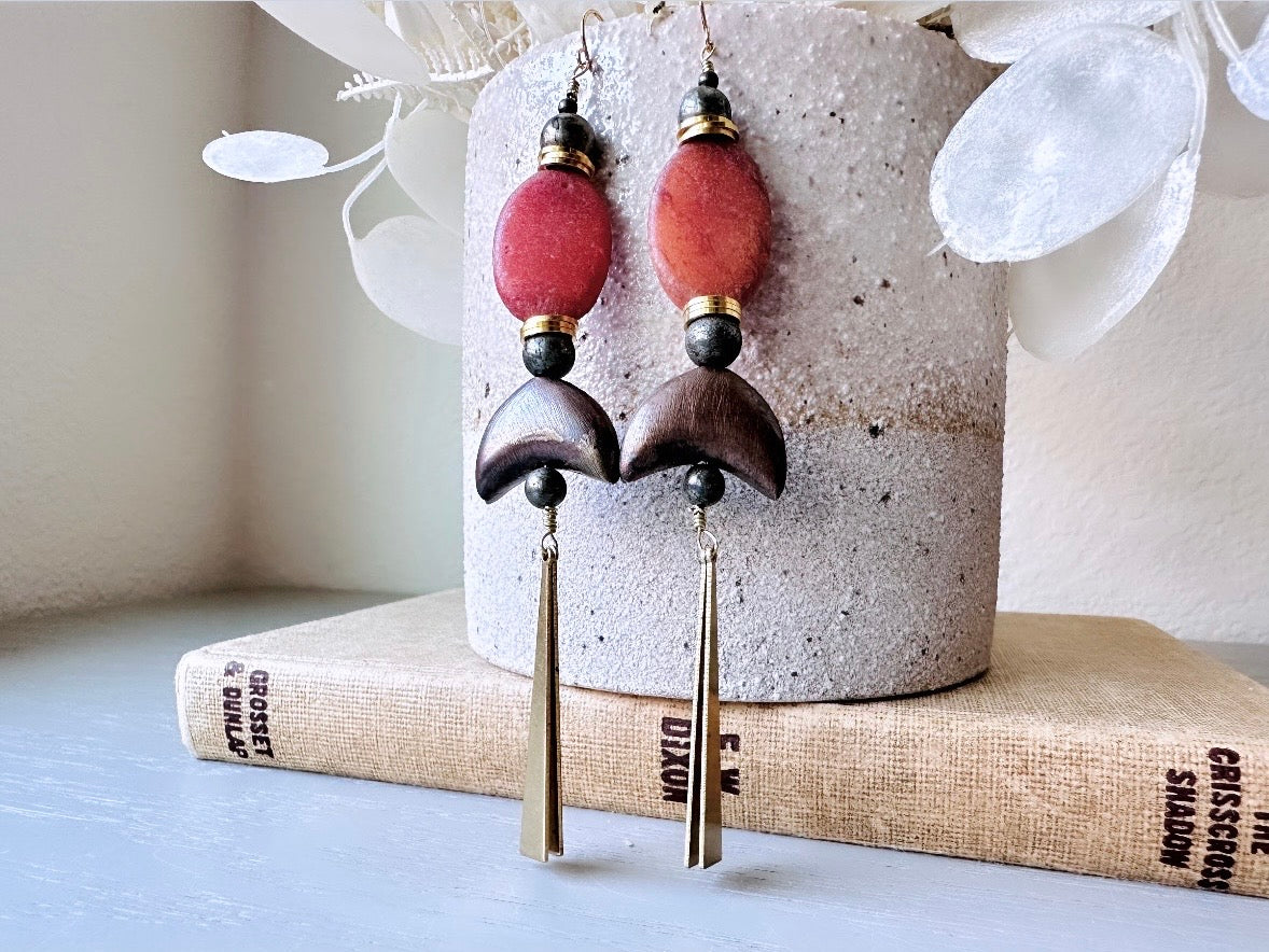 Handmade Stone Earrings, Extra Long Earthy Boho Duster Earrings, Unique Red Stone & Pyrite Orbs with Moon and Brass Dagger Charms