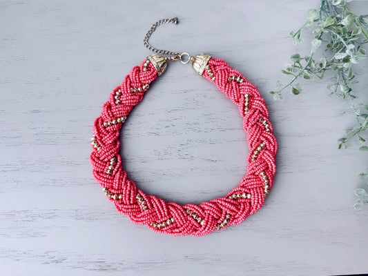 Pink Vintage Necklace, Coral Pink + Gold Seed Bead Statement Necklace, Braided Bead Necklace, Colorful Pink and Gold Beaded Bib Necklace