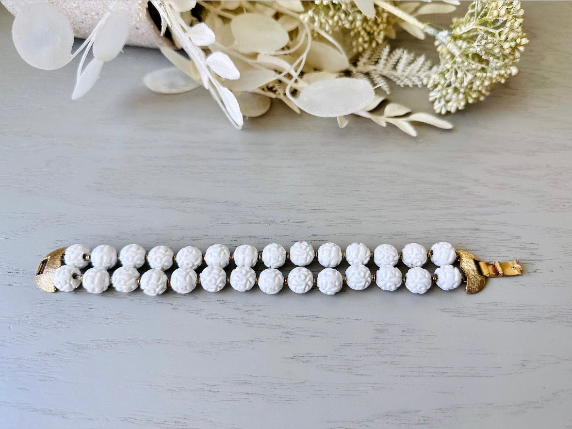 1960's Carved White Floral Bracelet, VTG 60s White Acrylic Double Strand Bracelet with Beautiful Clasp, White & Gold Signed Monet Bracelet