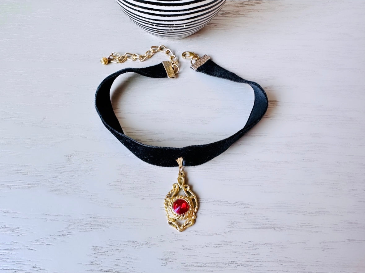 Vintage Black Velvet Choker Necklace with Gold Pendant with Red Crystal, Dramatic 1990's Choker, Victorian Revival Necklace, Black Red Gold