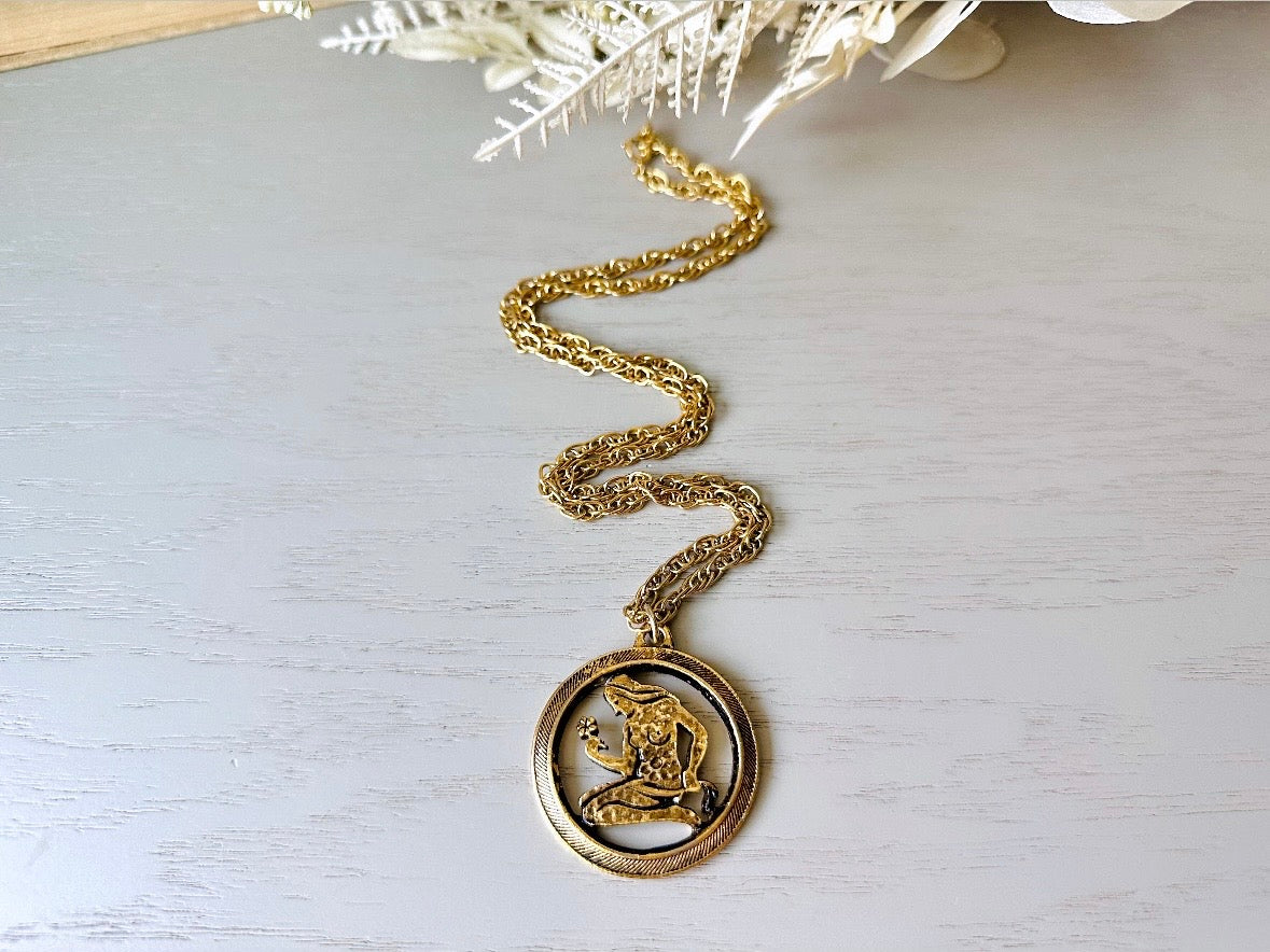 Vintage Virgo Zodiac Necklace, Star Sign Astrology Necklace, Unique Birthday Necklace, Long Gold Pendant Necklace Vintage Astrology Chain