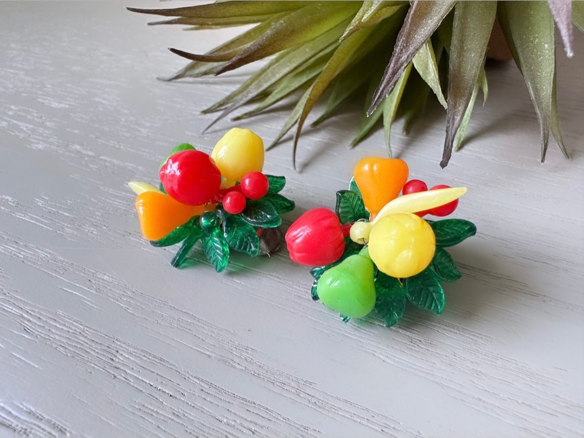 Fruit Salad Earrings, Iconic Carmen Miranda Style Fruit Earrings, Vintage Hong Kong Clip on Earrings, Acrylic and Glass Fruit Bowl Earring