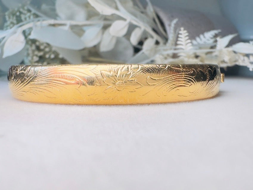 Embossed Gold Clamper Bracelet, Gorgeous Vintage Floral Hinge Bracelet