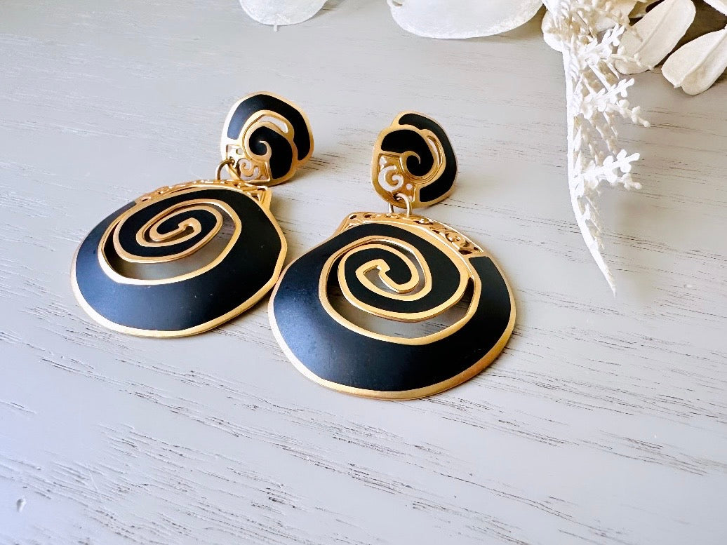 Black Berebi Earrings, Vintage Spiral 1980s Black and Gold Pierced Post Earrings, Rare Vintage Berebi 80s Dramatic Matte Dangles Earrings