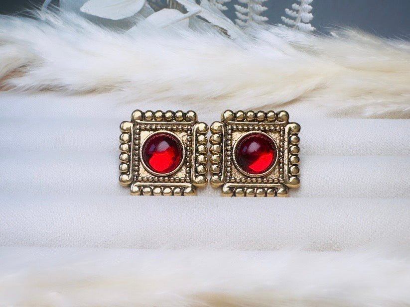 Red Gripoix Earrings, Vintage 1928 Post Earrings, Embossed Gold Square Earrings with Glowing Red Cabochons