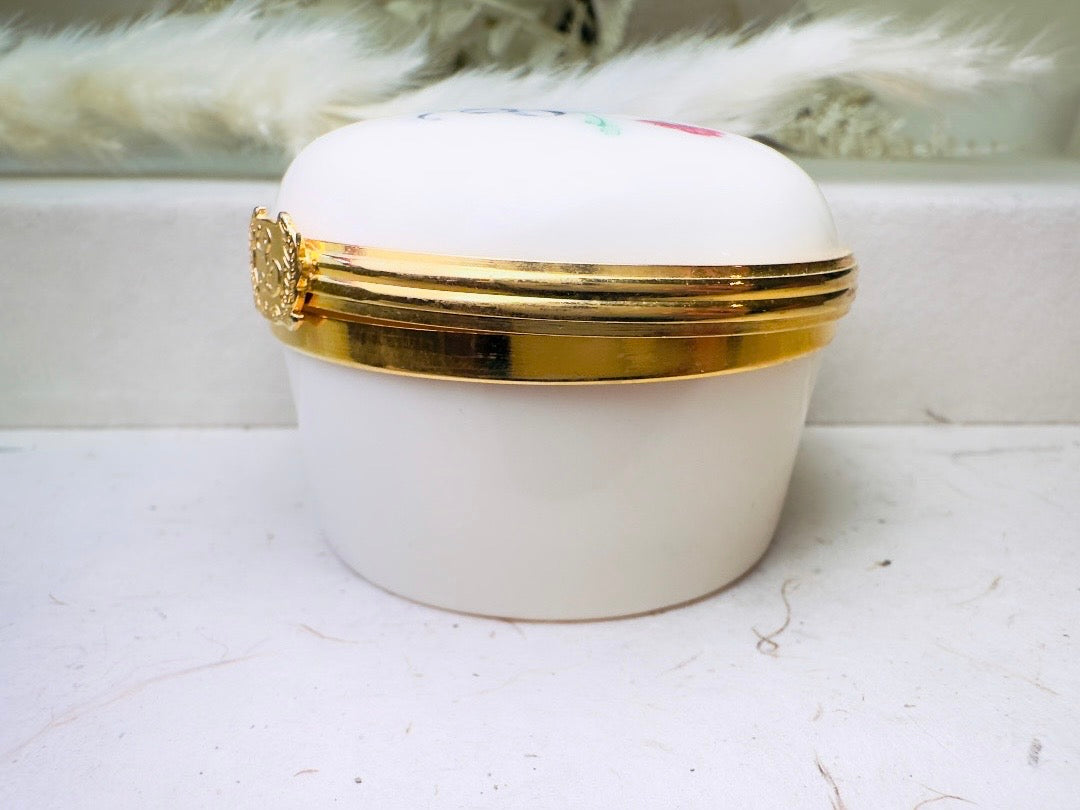 Vintage Lenox Trinket Box, Floral Porcelain Miniature Jewelry Box, Retired Cream Ceramic with Gold Accents, Pink Flowers, Blue Ribbon